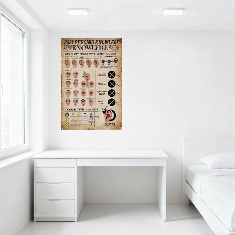 Vintage Body Piercing Knowledge Metal Tin Sign Guide to Ear Facial Jewelry Sizes & Aftercare for Bar Home Decor