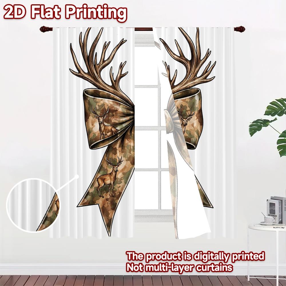 2D FLAT PRINTING 2pcs Curtains (Without Rod) Deer Bow Fashionable Modern Curtains Durable 100% Polyester Fabric Curtains Holiday