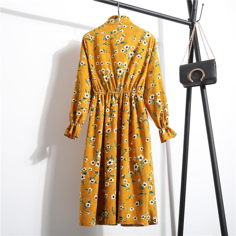 Vintage Collar Long Sleeve Corduroy Floral Dress Women's Party Ruffle Dress Bohemia Print Dress
