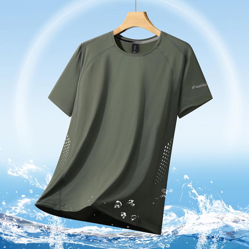 

Летняя мужская футболка большого размера из ледяного шелка с быстрой сушкой - Эластичная, с коротким рукавом, повседневная спортивная одежда для фитнеса для улицы 7XL