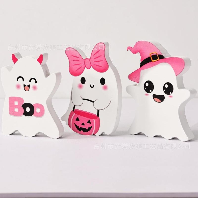 Halloween cute ghost pink tabletop ornament layered tray decoration holiday party wooden crafts