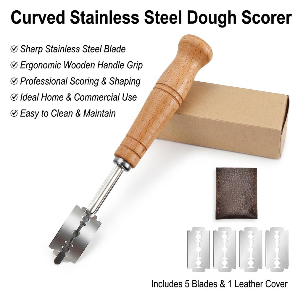 Stainless Steel Bread Scorer Wooden-Handle Curved Dough Cutter Tool For Baking
