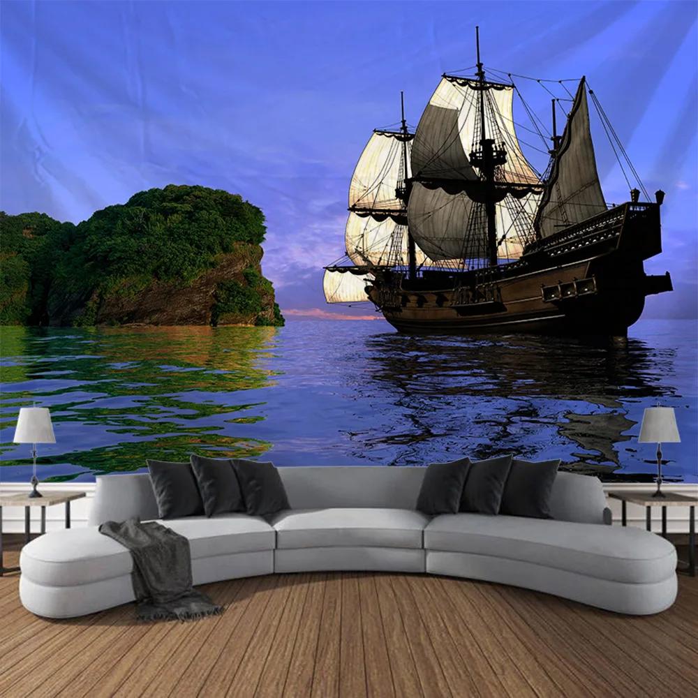Navigation Landschaft Wandteppich Retro Piratenschiff Kunst Wandbehang Fantasy Bohmische Ästhetik Dekoration Raum Kunst Wanddekoration