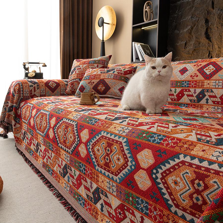 

1PC Bohemian Style Sofa Cover, Vintage Sofa Blanket, Pet Scratch Proof for Bedroom Office Living Room Home Decor for New Year S (180X130cm) красный