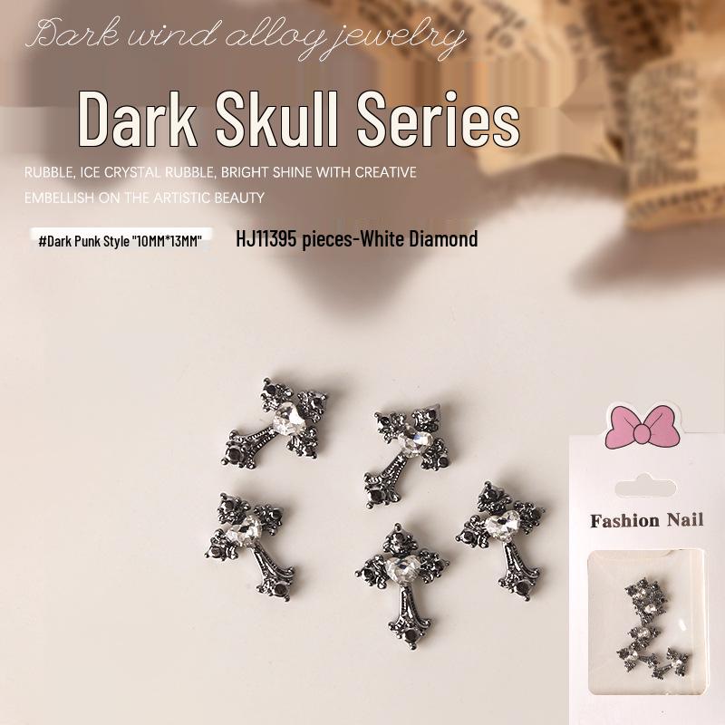 Dark Skull Retro Chrome Heart Scarlet Cross Nail Rhinestone Embellishments - 5 Pcs