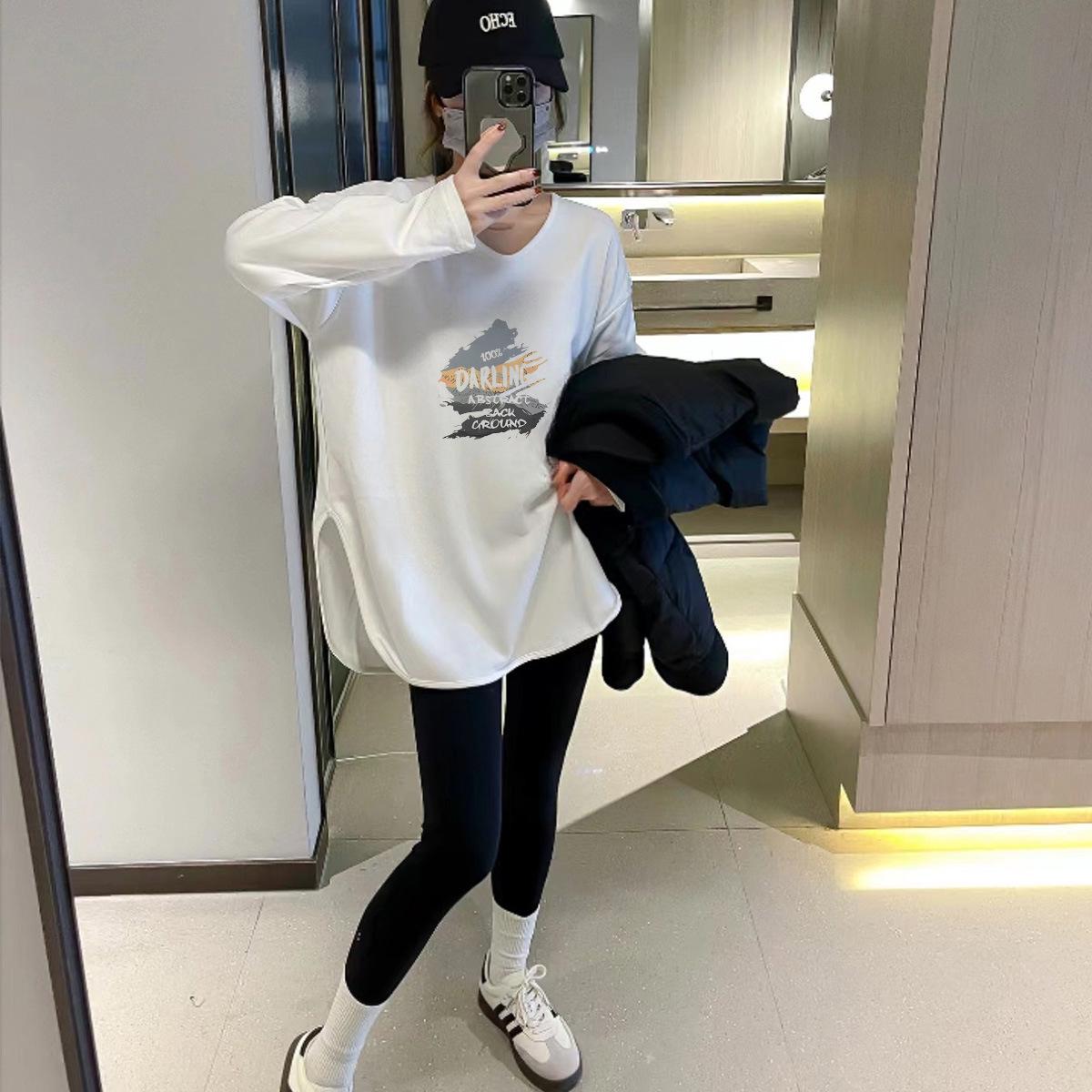 

Velvet Loose White Long Sleeve Hip-Length Women s T-Shirt - Autumn/Winter Mid-Length Brushed Top with Shark Pants. S