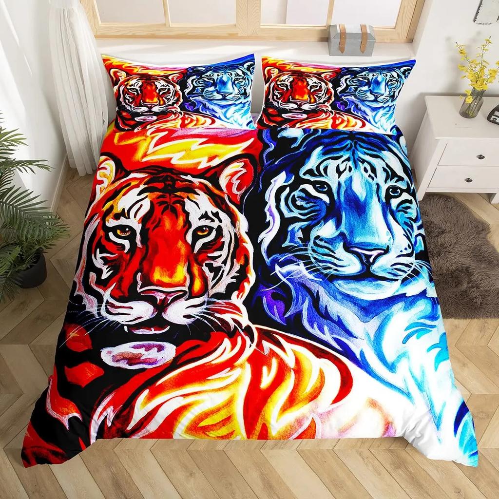 Galaxy Tiger Duvet Cover Set Blue Nebulas Stars Moon Bedding Sets Outer Space Wildlife Sky Starry King Comforter Cover Set