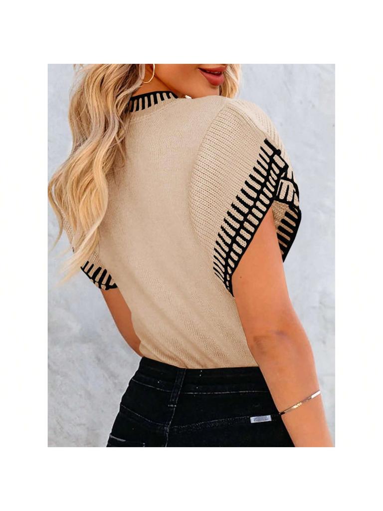 Women's Striped Ruffle Short Sleeve Knit Sweater Crew Neck Loose Summer Top