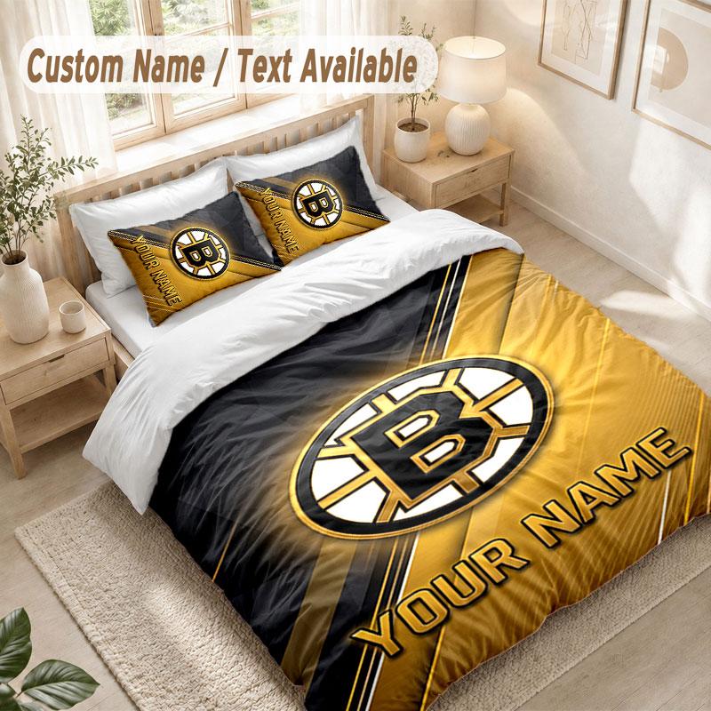 Custom Name Bedding Set 3 PiecesBoston Bruins Print Duvet Cover + 2 Pillowcases Soft Bed Decor