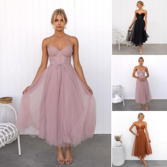 Women Mesh Swing Cocktail Dress Sleeveless Spaghetti Strap A Line Tulle Dress Formal Wedding Guest Dress