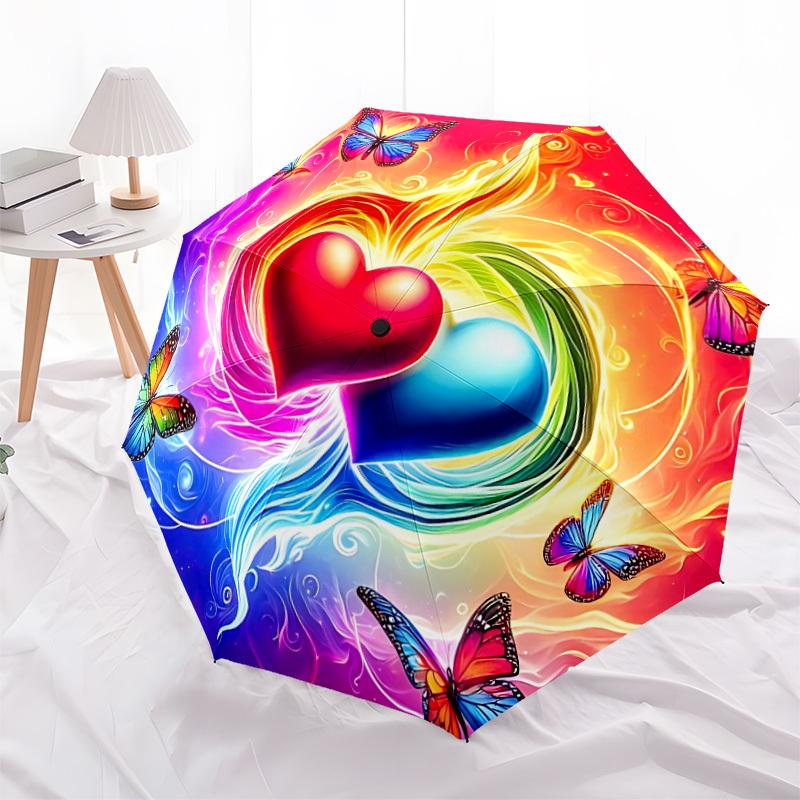 1pc Heart Butterfly Rainbow Automatic Opening and Closing Folding Umbrella with 8 Iron Ribs - Portable, Foldable for Travel Yy251124107