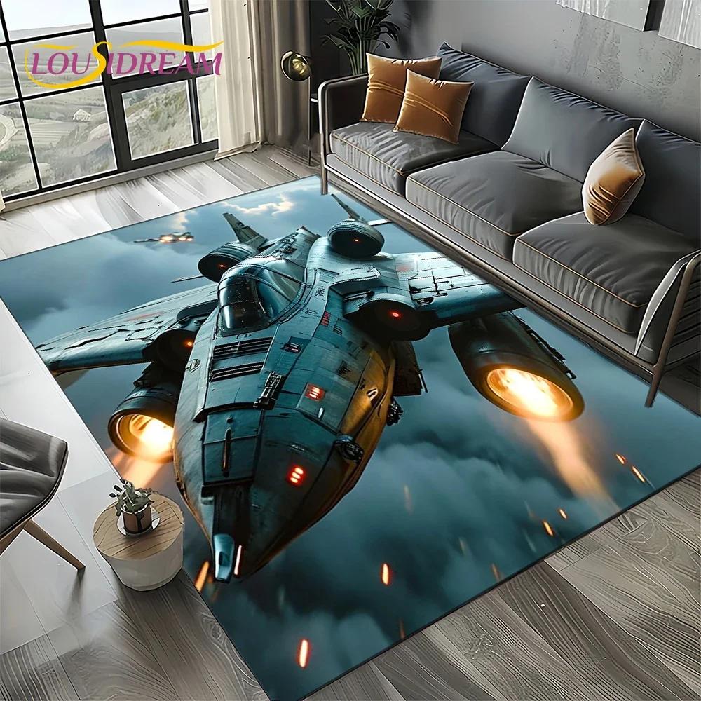 Cartoon 3D Space Spitfire Aircraft Air Force Jet Fighter Carpet Rug for Living Room Bedroom Sofa Decoration,Non-slip Floor Mat