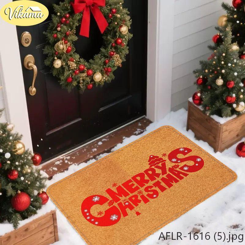 Coconut-Look Christmas Rug, “Merry Christmas” Lettered Non-Slip Indoor/Outdoor Entry Mat, Christmas Home Decor