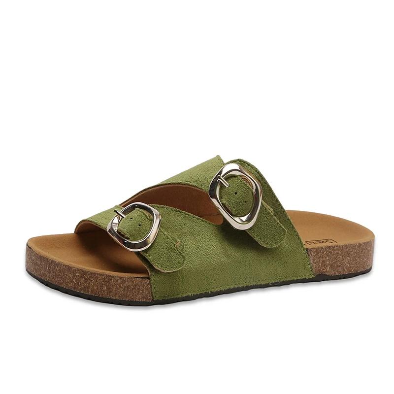 Fashion Flat flip-flops women's summer new round toe open-toe metal belt buckle one-foot slip-on lazy wear beach sandals and slippers