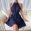 Women Autumn Winter Sleeveless Soild Color Halter Casual A-Line Knee-Length High Waist Ruffled Edges Dress