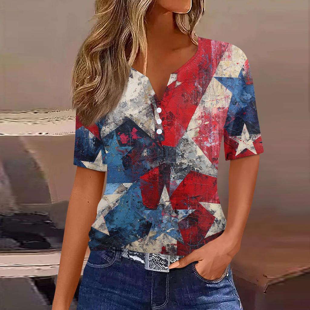 Women's T Shirt Independence Day Print Button Short Sleeve Daily Weekend Fashion Basic V- Neck Regular Top