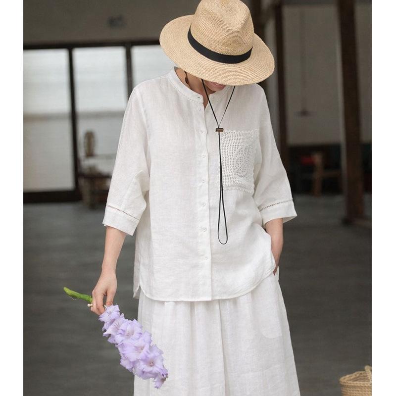 E* Order Women's White Linen Stand Collar 3/4 Sleeve Shirt - 2026 Early Spring French Style