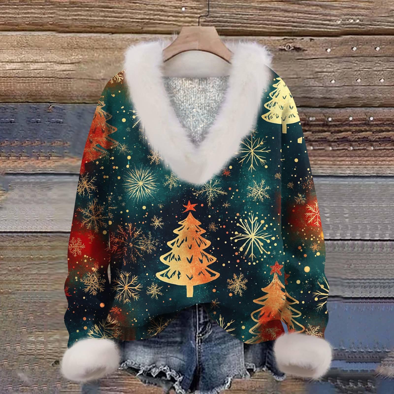 

Женский пуловер с длинными рукавами и рождественским принтом снежинок, плюшевым воротником и V-образным вырезом XL циан