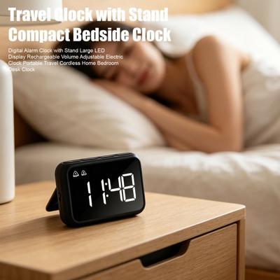 Digital Alarm Clock with Stand Large LED Display Rechargeable Volume Adjustable Electric Clock Portable Travel Cordless Home Bedroom Desk Clock
