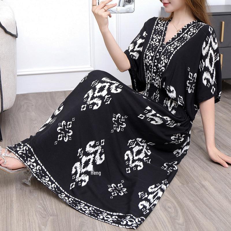 26-Year Floral V-Neck Cotton Silk Batwing Sleeve Beach Dress - Thailand Travel & Vacation Skirt Style