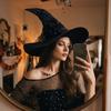 Mesh Yarn Cover Halloween Witch Hat With Veil Masquerade Cap Pointed Mage Hat  Women's Costume