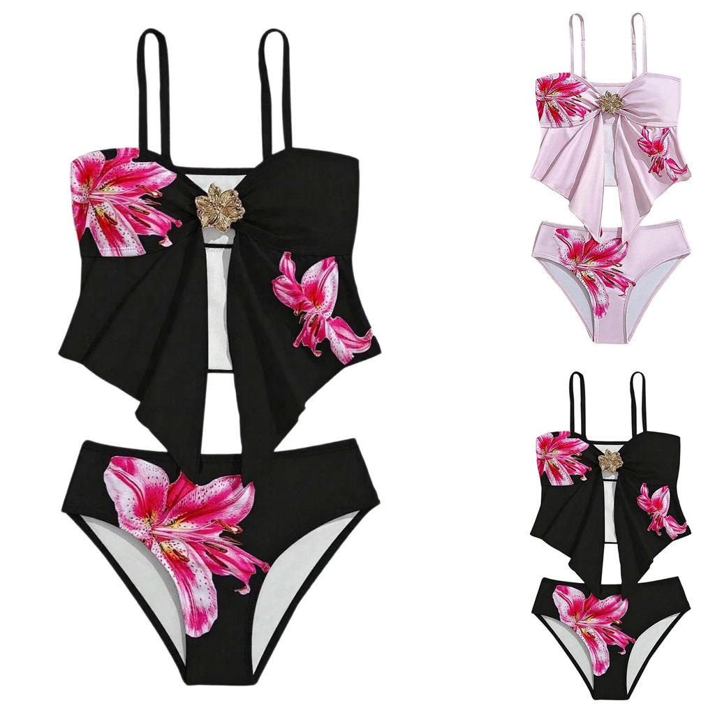 Girls Floral Print Two Piece Swimsuit Adjustable Straps Tankini Top with Decorative Front Detail and Matching Bottoms Lightweight Fabric