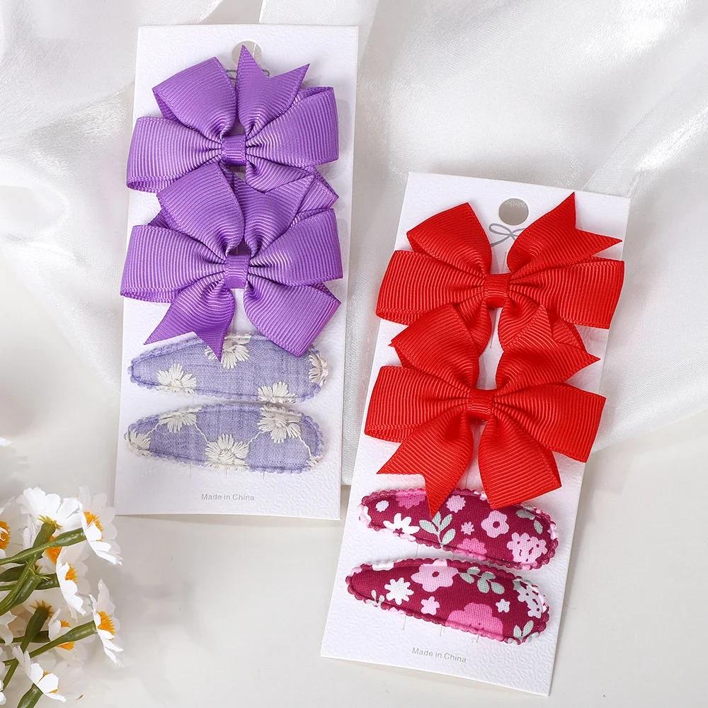 RAINBOW BOWS 4Pcs/Set Solid Bowknot BB Hair Clips Set for Girls New Handmade Hairpin Barrettes Headwear Kids Hair Accessories