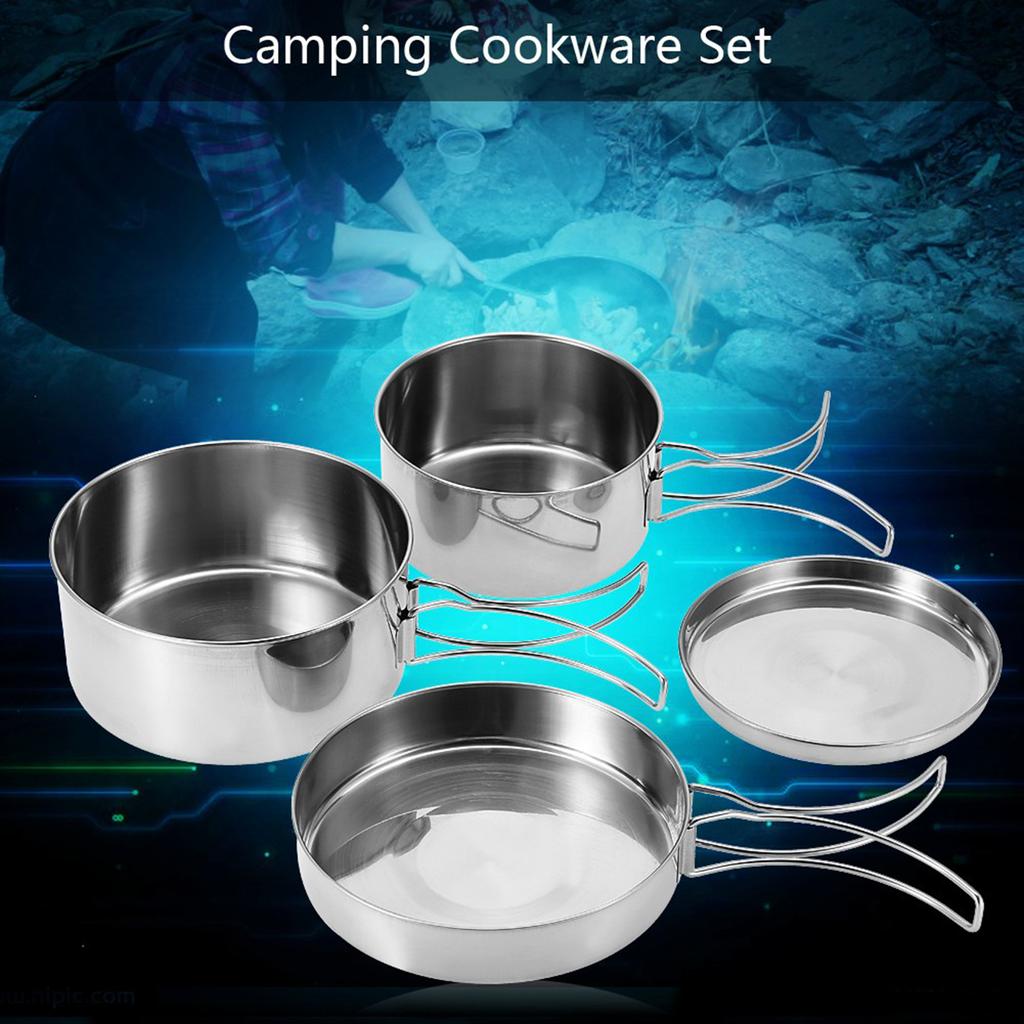 4Pcs Portable Stainless Steel Cookware Set Camping Picnic Outdoor Pan Pot Plate Tableware