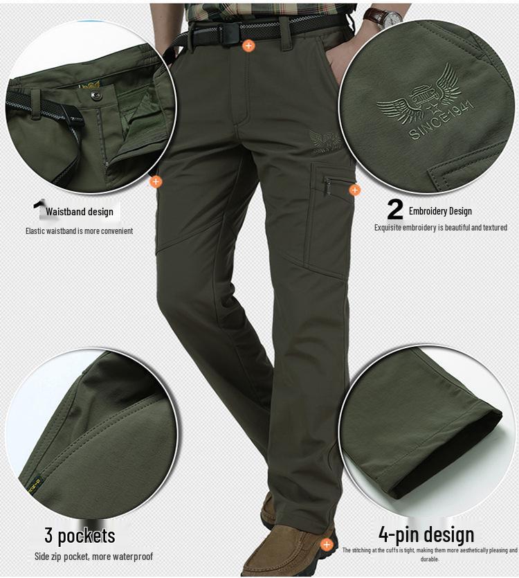 In Stock Men's Quick-Dry Winter Outdoor Multi-Pocket Ski Pants, Plus Velvet Thick Straight-Leg Windproof Long Pants