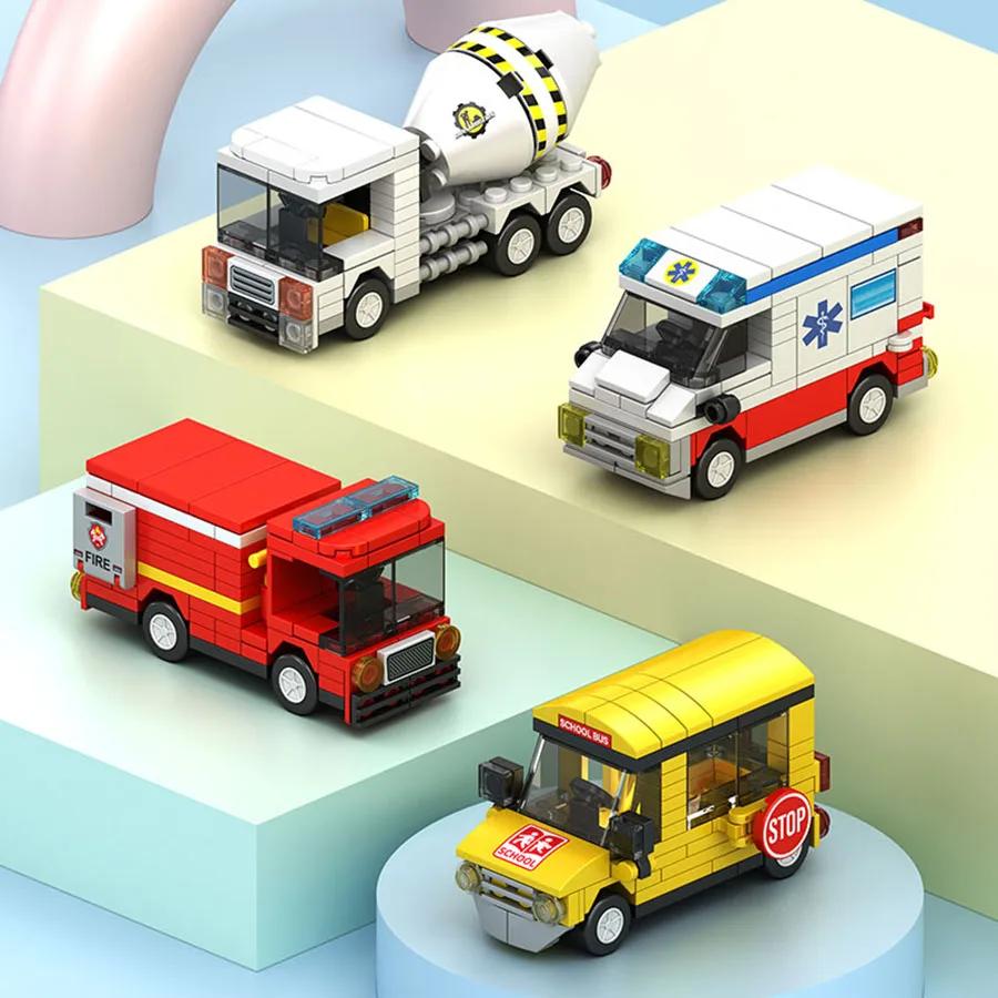 Funny building block city vehicle model, school bus, fire truck, ambulance, business car, nice holiday gift for friends