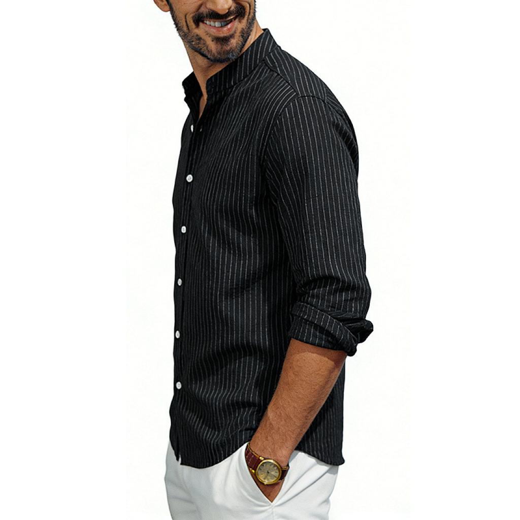 Men Casual Business Loose Stand Collar Long Sleeve Vertical Stripe Shirt