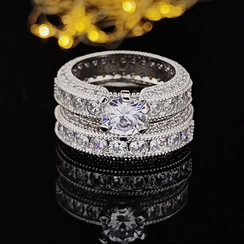Huajie 2 pezzi/set Anelli Nuziali da Donna Scintillanti Completamente Pavimentati Intarsiati con Zirconi Brillanti Set Regalo per Festa Nuziale Tendenza