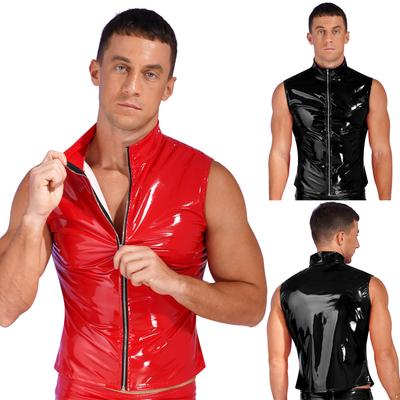 Herrmode Dragkedja Ärmlös jacka Wet Look Lackläder Stativ krage Väst Toppar Clubwear