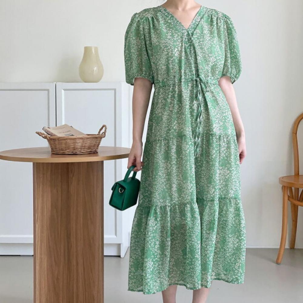 New Arrivals Open Run Flower Chiffon One Piece Puff Sleeve Loose Fit