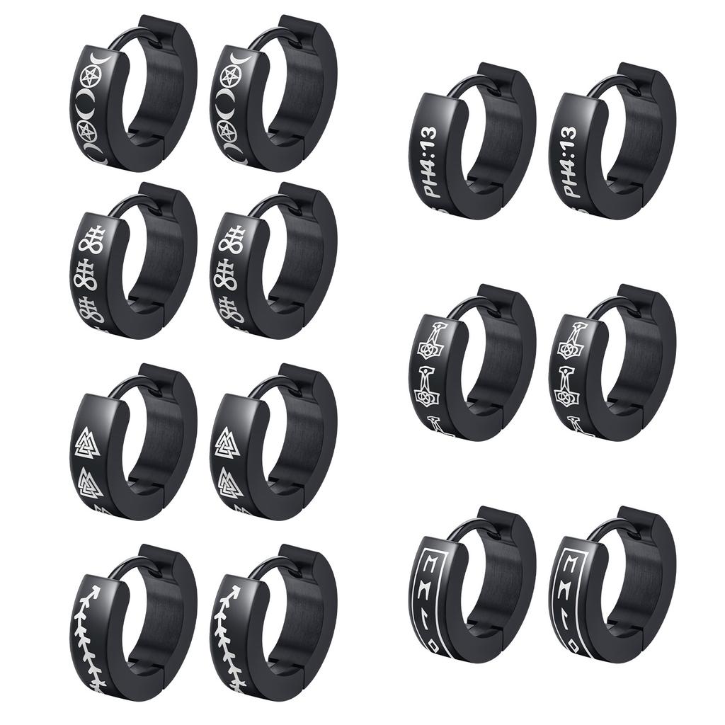 Black Viking Thors Hammer Earrings for Men Boys, Waterproof Stainless Steel Hoop Huggie Earring Jewelry, brincos masculinos