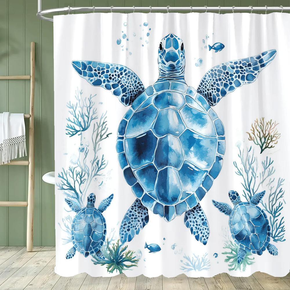 Cute Cartoon Ocean, Starfish, Shells Dolphin Printed Shower Curtain With Hooks, Bathroom Curtain, Bathroom Decor Window Curtain