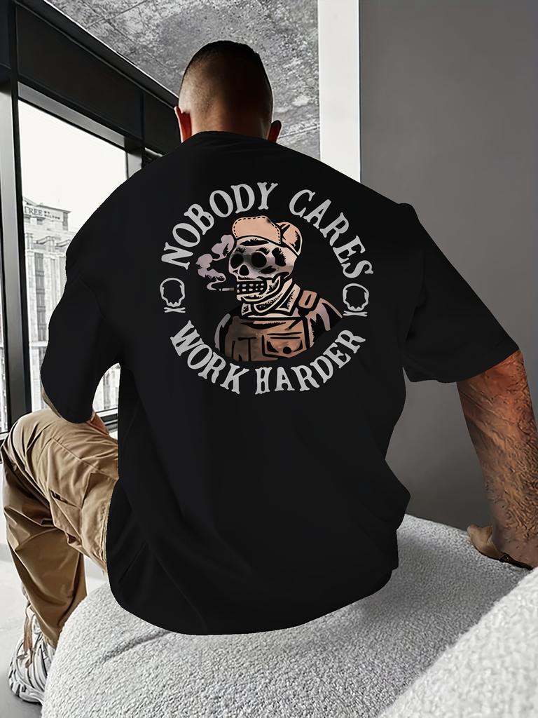 2025 New Men's NOBODY CARES WORK HARDER Skull Pattern T-shirts Summer Casual Comfortable Loose Fit Versatile Breathable Tops