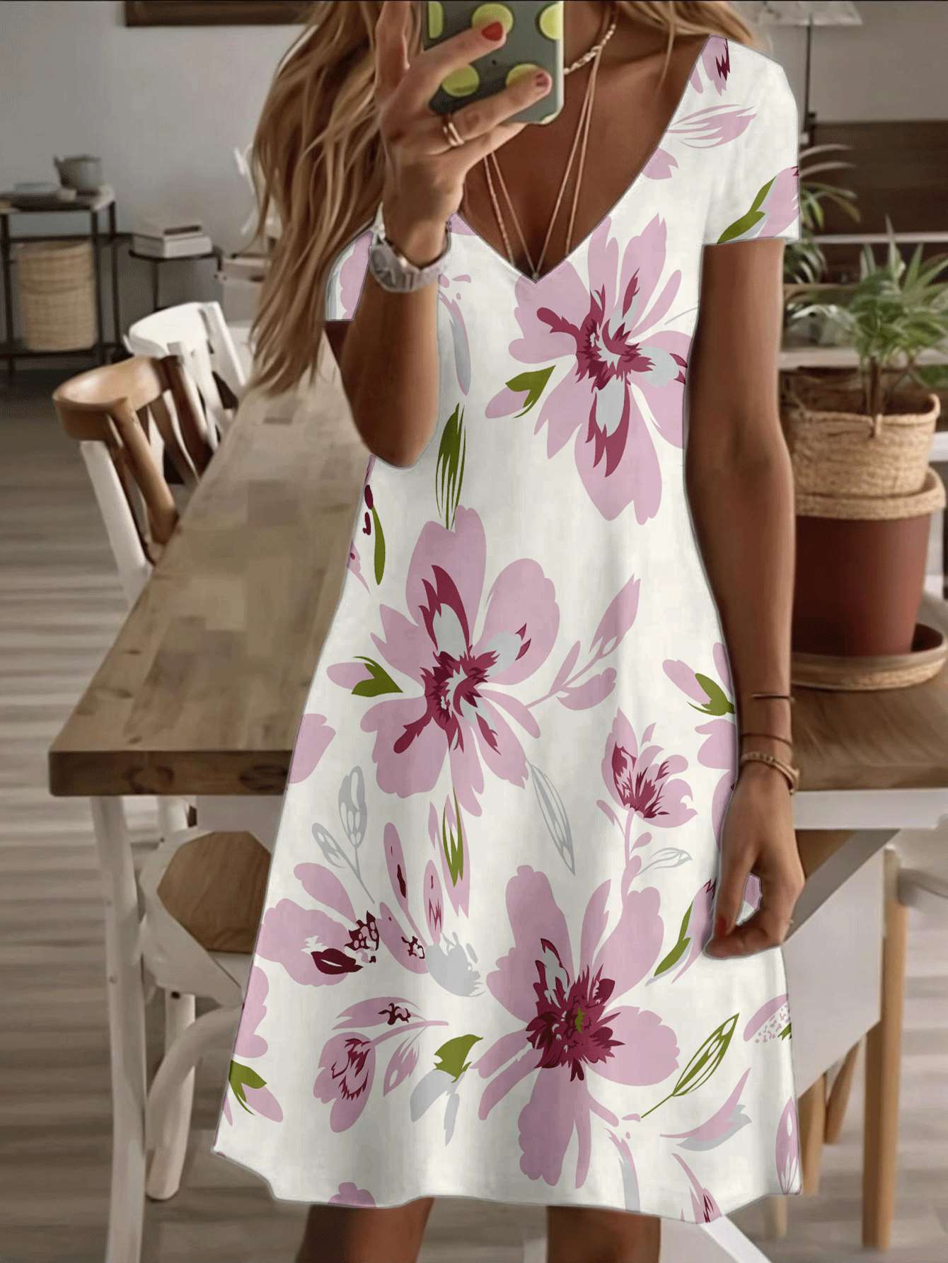 

Vneck shortsleeve midi dress floral women’s dress with pink blossom print pattern 3D premium printing durable soft fabric casual fashionable elegant s 6XL дубильная кора