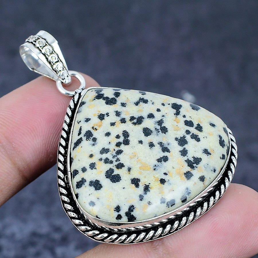 Dalmation Jasper Gemstone 925 Sterling Silver Jewelry Pendant 1.97"