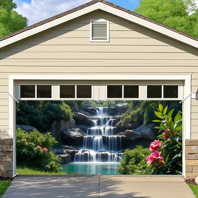 2D Flat Printing Waterfall Garage Banner, Tropical Garden Photography Background