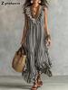Bohemian Striped Ruffle V-Neck Sleeveless Maxi Dress for Women