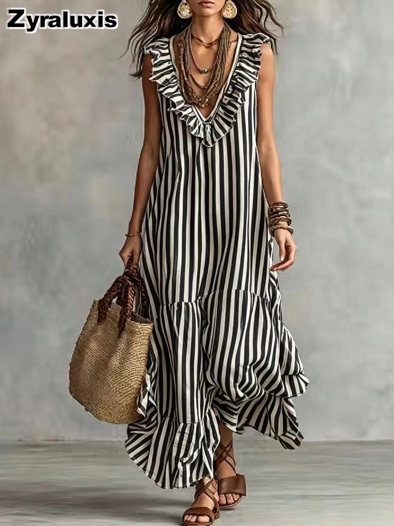 Bohemian Striped Ruffle V-Neck Sleeveless Maxi Dress for Women