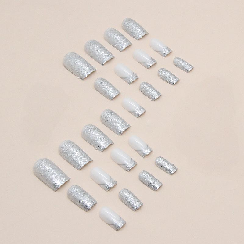 24 Pieces Medium and Long European Square Flash Silver Powder French Manicure European and American Fashion Ins Wind Bright Fake Nails
