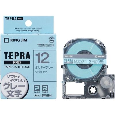 King Jim Genuine Tepra PRO Tape Color Label Milky 8m SW12BH Cartridge, (Soft), 12mm, Blue/Gray Text,