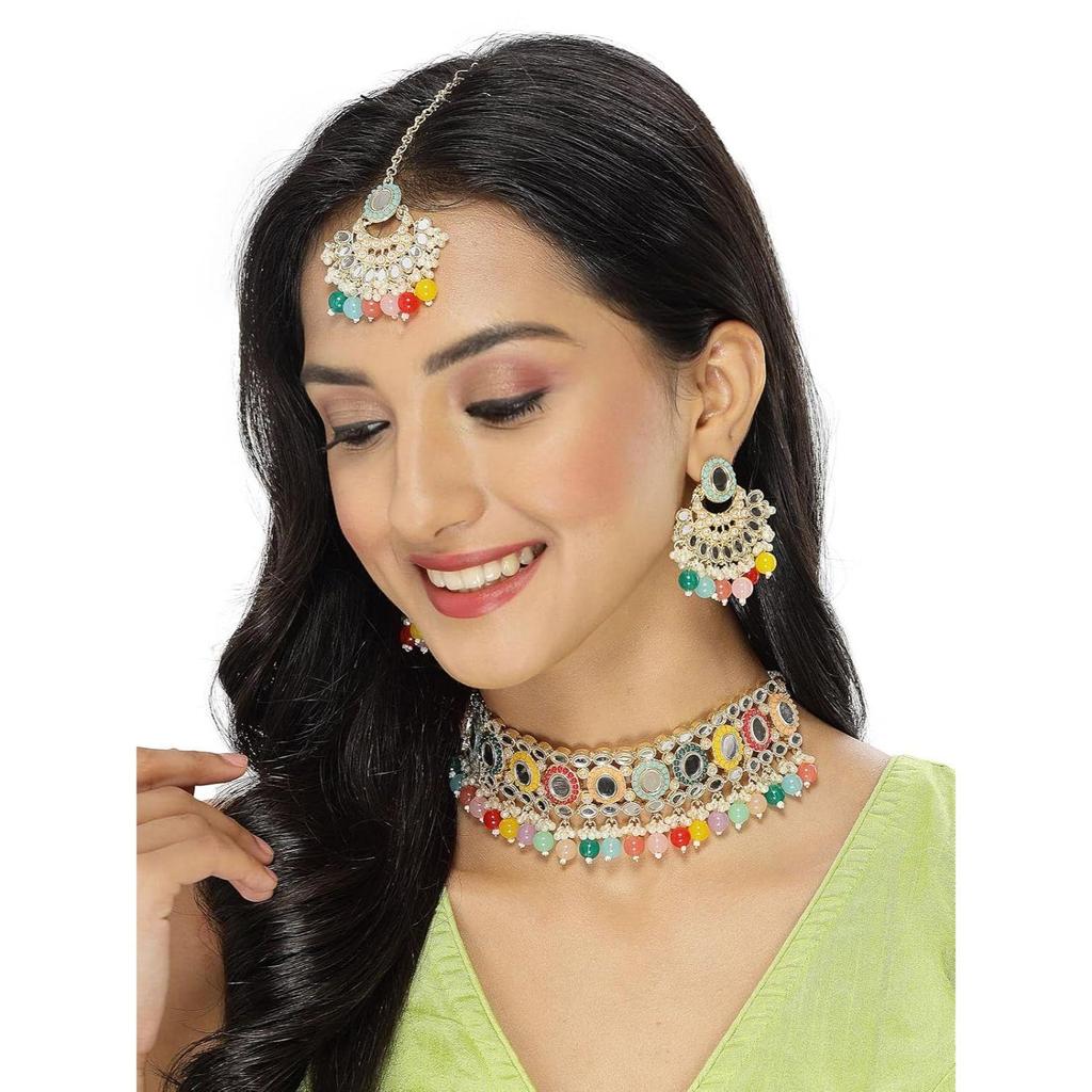 Classy Choker Necklace Earring Jewellery Set with Maangtikka Jewellery Set for Women