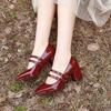 2024 Spring Autumn Women Mary Janes Shoes Double Buckle Patent Leather Dress Square Head Square Heel Solid Color Women's Shoes