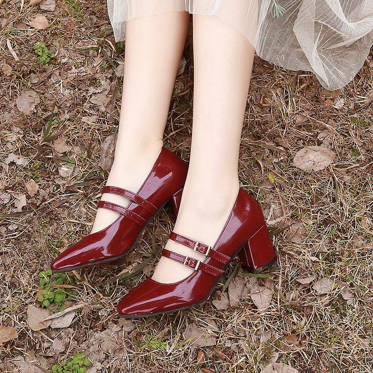 2024 Spring Autumn Women Mary Janes Shoes Double Buckle Patent Leather Dress Square Head Square Heel Solid Color Women's Shoes
