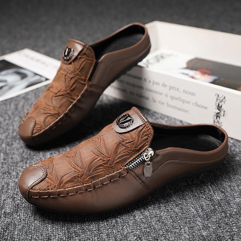 Fashion Leather Men’s Half Slippers Breathable Mens Casual Shoes Outdoor Men Loafers Lazy Shoes Flats Comfortable Male Sneakers