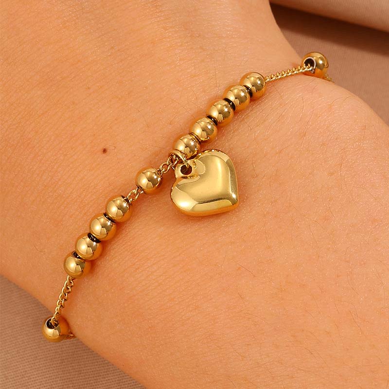 Stainless Steel Gold Color Heart Shape Pendant Bracelets For Women Fashion Metal Smooth Round Beads Ball Bangle Wrist Zircon