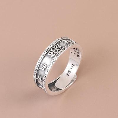 Vintage 990 Sterling Silver Six-Character Mantra Lotus Open Ring for Men and Women